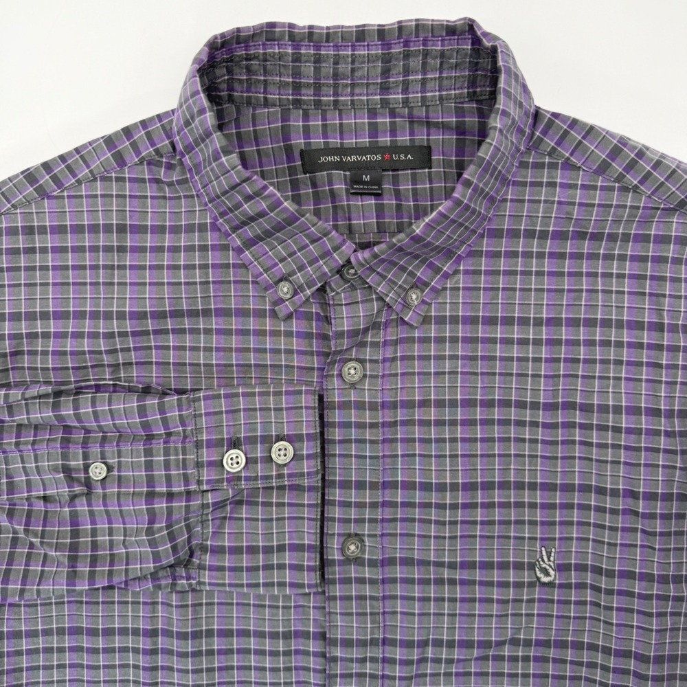 John Varvatos USA Button Down Men M Purple Plaid Peace Sign W426Q3B Roll Sleeve